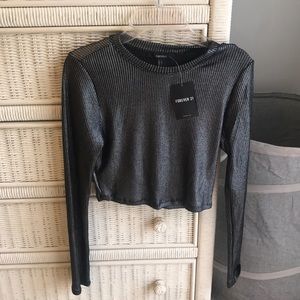 Black and Silver Metallic Long Sleeve Crop Top